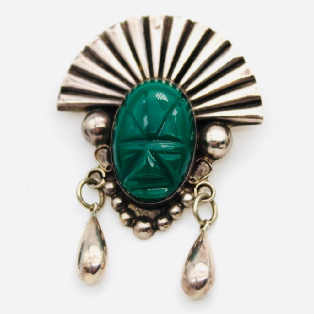 Mexican Sterling Silver and Jade Mask Signed Brooch